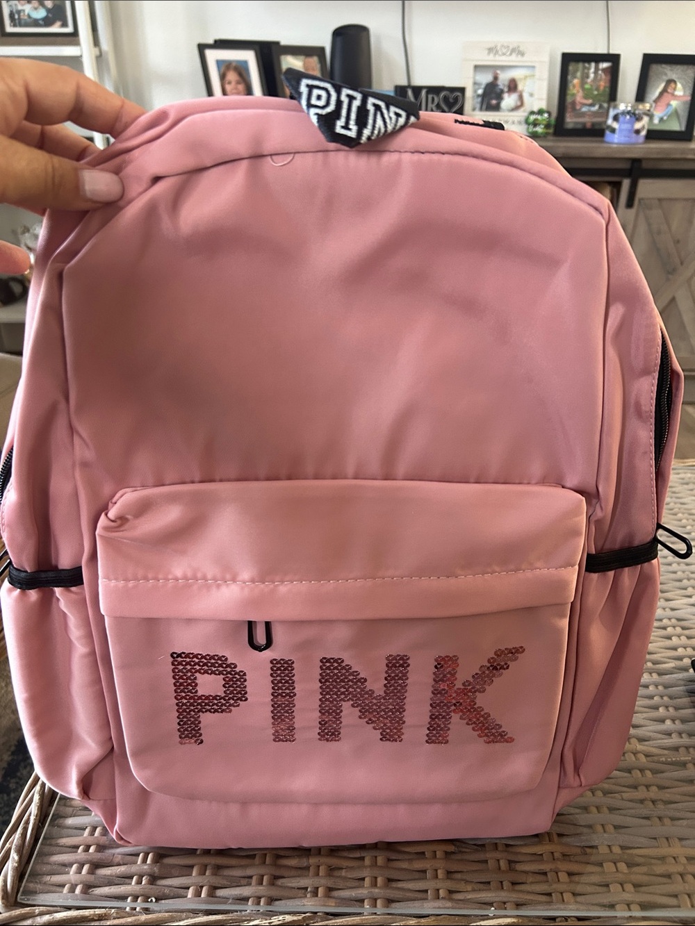 PINK Light Pink Sequin Logo Backpack
